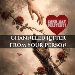 Pode incluir: Uma ilustração digital com um braço em renda estendendo-se para um braço com manopla, separados por uma videira espinhosa com rosas vermelhas. Texto: CHANNELED LETTER FROM YOUR PERSON e um coração vermelho com SAME DAY DELIVERY!