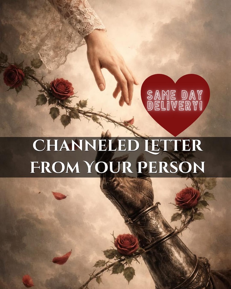K&ouml;nnte beinhalten: Eine digitale Illustration mit einem Arm in Spitze, der nach einem gepanzerten Arm greift, getrennt durch eine dornige Ranke mit roten Rosen. Text: CHANNELED LETTER FROM YOUR PERSON und ein rotes Herz mit dem Text SAME DAY DELIVERY!
