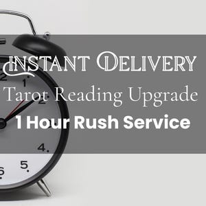 May include: A black and silver alarm clock with the text "INSTANT DELIVERY Tarot Reading Upgrade 1 Hour Rush Service" on a gray background. The clock hands point to a time between 1 and 2 o'clock.