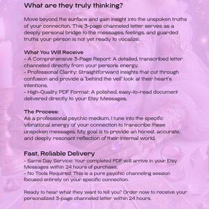 K&ouml;nnte beinhalten: Ein digitales Dokument mit dem Titel What are they truly thinking? und Text &uuml;ber einen 3-seitigen gechannelten Briefservice. Der Hintergrund zeigt ein violett get&ouml;ntes Bild von Tarotkarten, Kristallen und einer Kerze mit Textdetails.