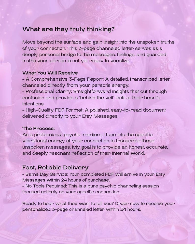 K&ouml;nnte beinhalten: Ein digitales Dokument mit dem Titel What are they truly thinking? und Text &uuml;ber einen 3-seitigen gechannelten Briefservice. Der Hintergrund zeigt ein violett get&ouml;ntes Bild von Tarotkarten, Kristallen und einer Kerze mit Textdetails.