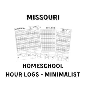 May include: Three white paper sheets featuring black printed homeschool hour logs. The text MISSOURI, HOMESCHOOL, and HOUR LOGS - MINIMALIST appears in black. The logs include columns for dates, subjects, and hours, with a header reading SEPTEMBER 2026.