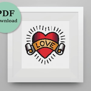 Cross Stitch Pattern, Love Heart, Tattoo Design