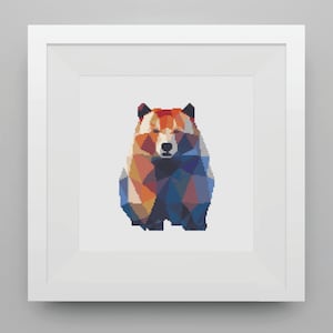 Geometric Abstract Bear, Front View, Autumnal Colours, Simple Cross Stitch Pattern
