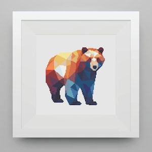 Geometric Abstract Bear, Turning Bear, Autumnal Colours, Simple Cross Stitch Pattern