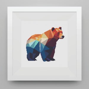 Geometric Abstract Bear, Side View, Autumnal Colours, Simple Cross Stitch Pattern