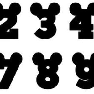 May include: Black and white image of Mickey Mouse-shaped numbers 1 through 10. Each number has Mickey Mouse ears on top.