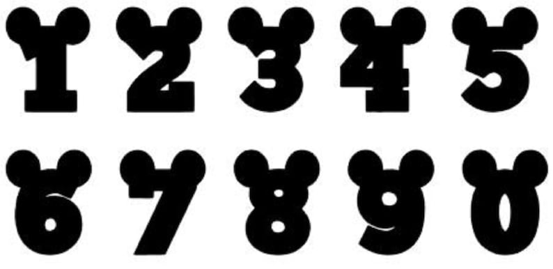 May include: Black and white image of Mickey Mouse-shaped numbers 1 through 10. Each number has Mickey Mouse ears on top.