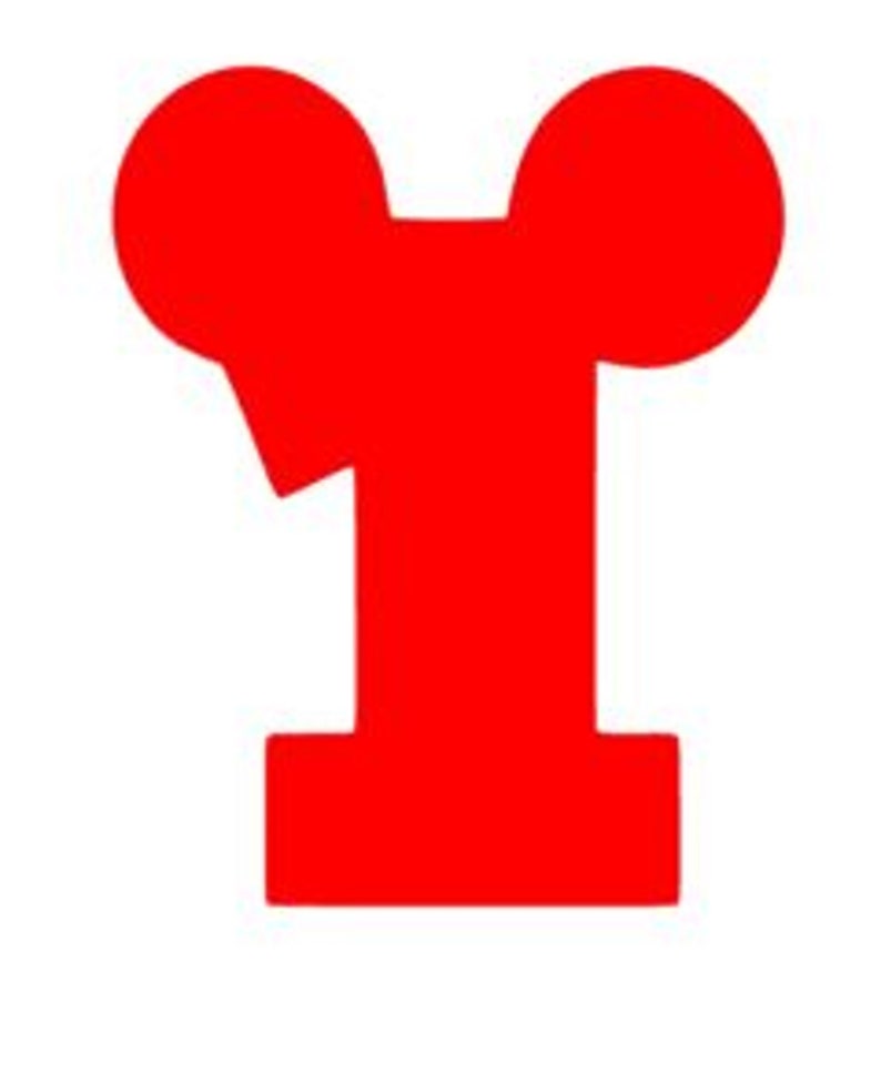 May include: A red number one with two rounded shapes on top, resembling ears.