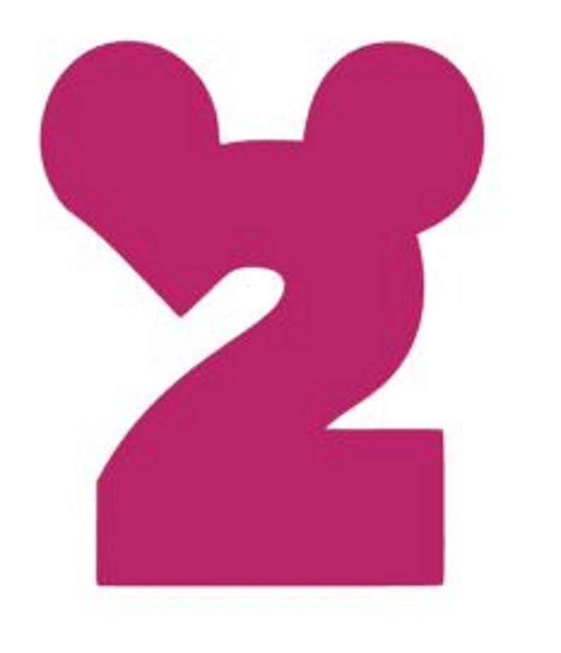 May include: A pink number two with Mickey Mouse ears. The number is a cutout shape.