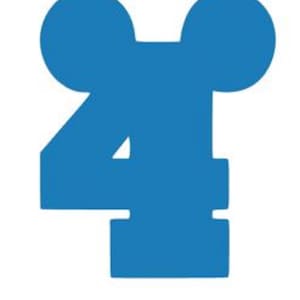 May include: Blue number four with Mickey Mouse ears on top. The number is a cutout shape.