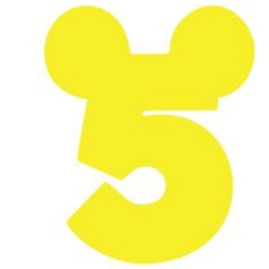 May include: A bright yellow number five with Mickey Mouse ears. The number is cut out of a single piece of paper.