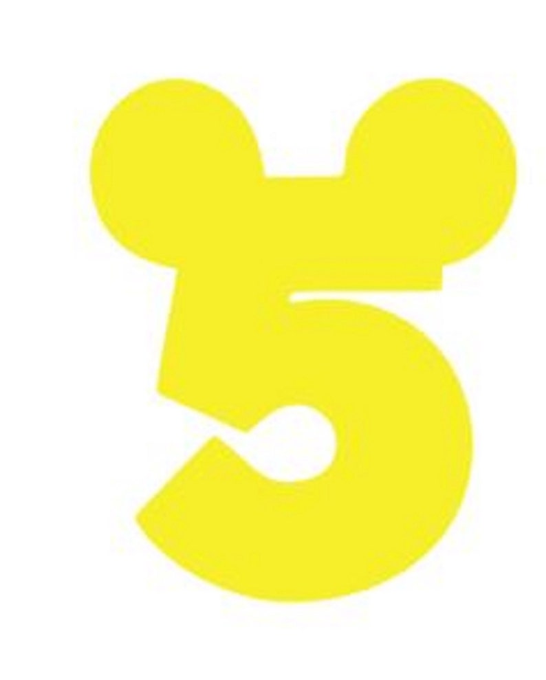 May include: A bright yellow number five with Mickey Mouse ears. The number is cut out of a single piece of paper.