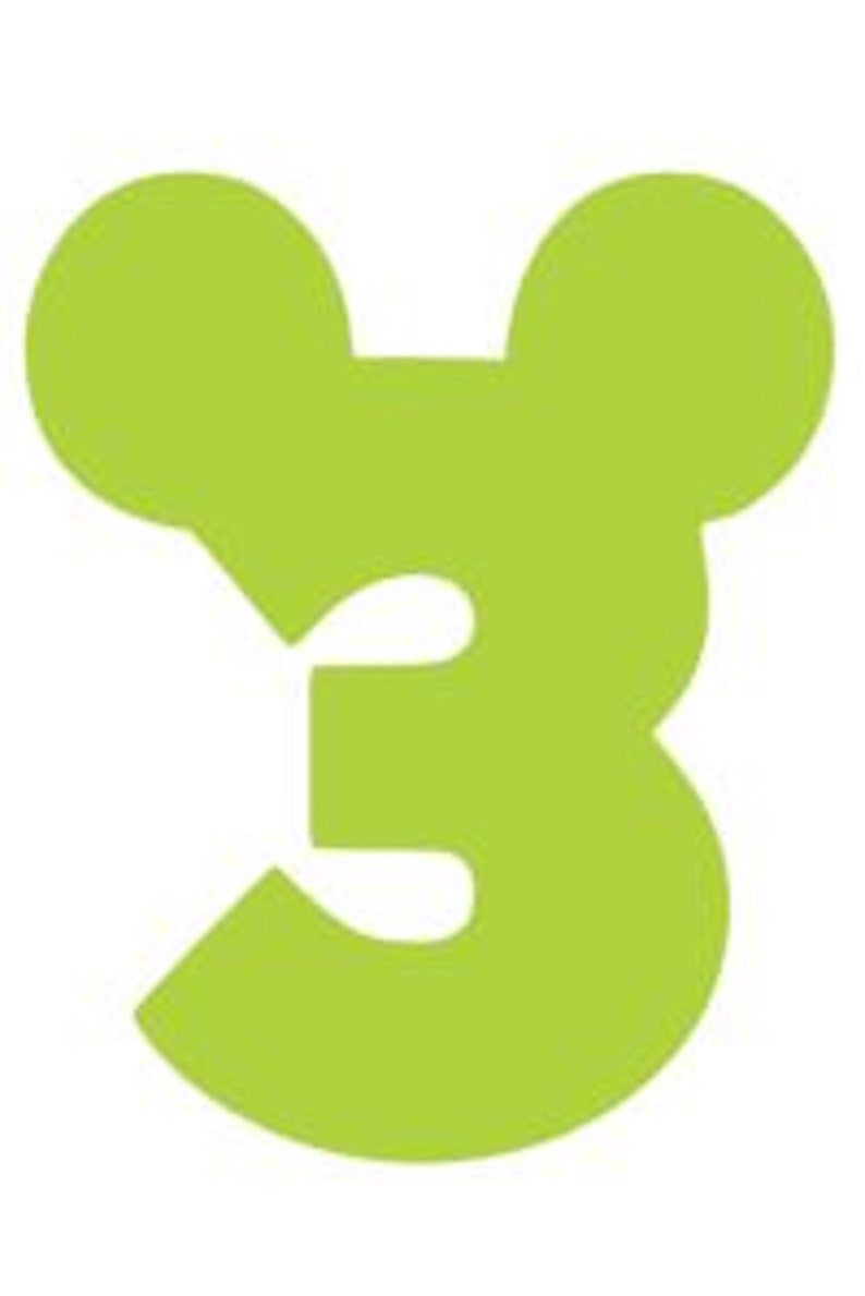 May include: A green number three with Mickey Mouse ears. The number is cut out in a whimsical shape.