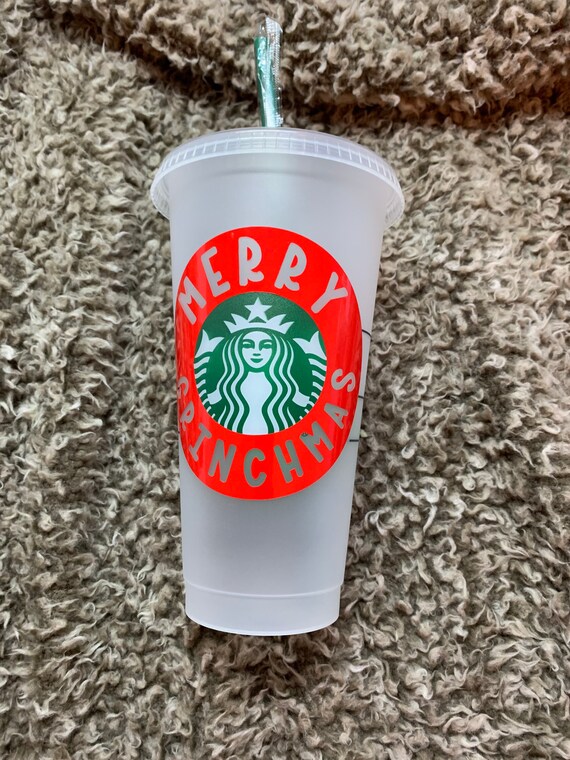 Merry Grinchmas Starbucks cup with grinch face