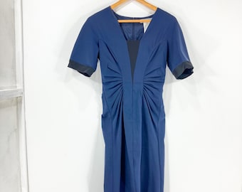 Gathered Waist MIdi Dress / Sportmax / Max Mara / Blue / Black  / Short Sleeve / Modern Vintage / Size 10