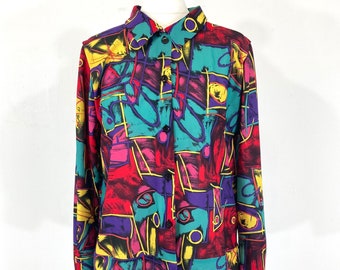 Abstract Print Blouse / Classic Woman / Red / Blue / 90s Vintage  / Modern Vintage / Size UK 18