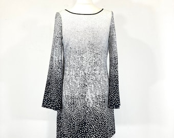 Monochrome Print Dress / Warehouse / Black  / White / Trumpet Sleeves / Modern Vintage / Size UK 8