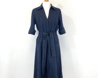 Linen Shirt Dress / Laura Ashley / Blue / Button Front / Modern Vintage / Size 8 / EU 36