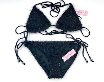 Fluffy Bikini / River Island / Black / Silver / Furry / Wool / Swimsuit / Modern Vintage / Size 8