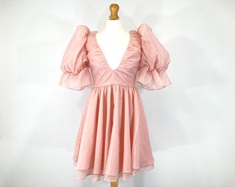 Puff Ball Sleeve Dress / ASOS / Pink / Deep V Neck / Modern Vintage / Size UK 8