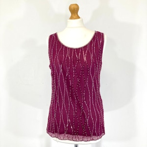 Vintage Sequinned Vest Top / Your Sixth Sense / Maroon / Sheer / Sequins / Flapper / Modern Vintage / Size M