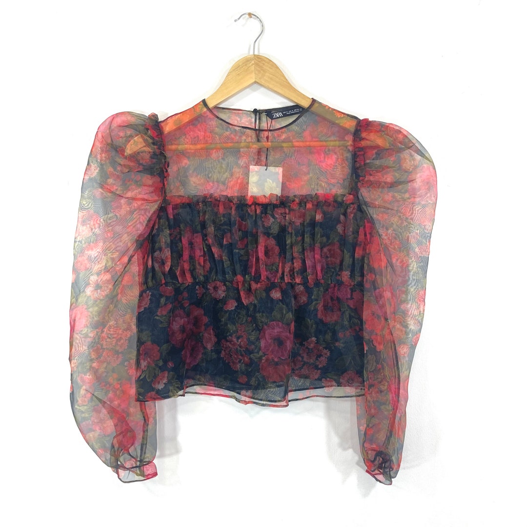 Puffball Sleeve Top Zara Sheer Floral Rouge Noir