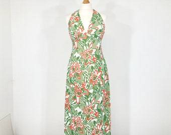Vintage Maxi Dress / Sundress / Beach Dress / Green / Orange / Print / Resort / Modern Vintage / Size Medium