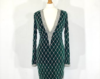 Beaded Velvet Dress / ASOS tall / Green / Beaded / Sequins / sIlver / Modern Vintage / Size UK 10