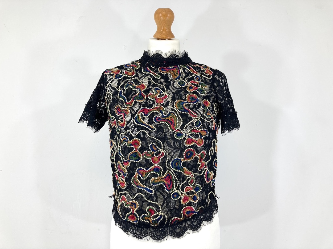 Chemisier Victorien Noir Zara Taille S - Dentelle, Perles, Paillettes, Manches Longues Transparentes, Neuf Avec étiquette