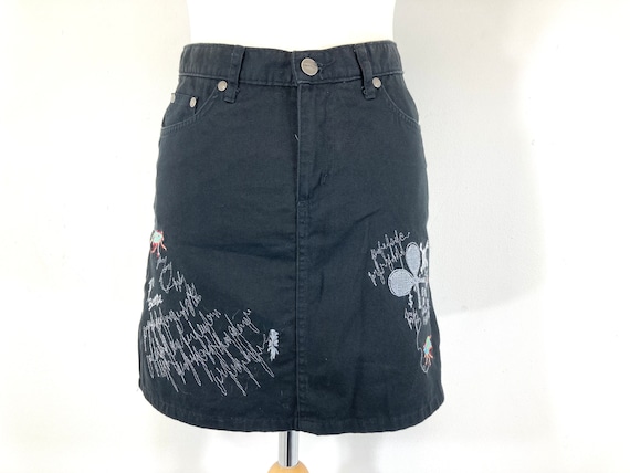 Black denim embroidered skirt outlet