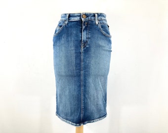 Distressed Denim Midi Skirt / Replay / Blue / Distressed / Denim / Modern Vintage / Size 27