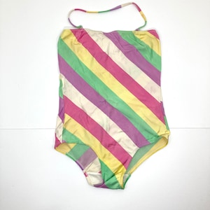 Vintage Swimsuit / striped / White / Pink / Green / Yellow / Purple / one piece Swimsuit / Vintage / Size 12
