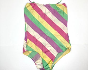 Vintage Swimsuit / striped / White / Pink / Green / Yellow / Purple / one piece Swimsuit / Vintage / Size 12