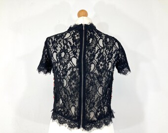 Chemisier Victorien Zara Noir Dentelle Perles Paillettes – Taille S, Manches Longues Transparent, Neuf Avec étiquette