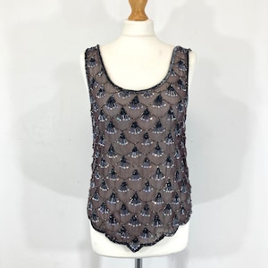 Beaded Vest Top / Miss Selfridge / black / Sheer / Beads / Flapper / Modern Vintage / Size UK 10