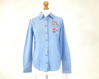 Embrodered Denim Shirt  / Kath Kidston / Denim / Embroidery / Embellished/ Modern Vintage / Size UK 8