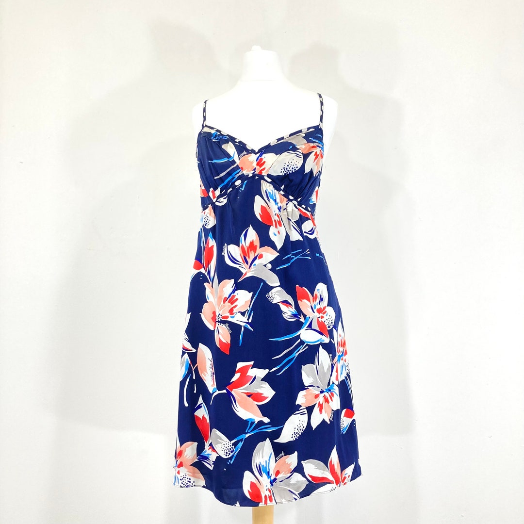 Vestido Seda Estampado Floral Guess Azul Flores Tropical