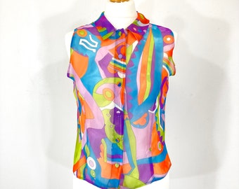 Psychedelic Print Blouse / Abstract / colourful / Sleeveless / Orange / Purple /