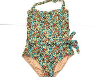 Floral Swimsuit / Under Protection / green / Red / Floral Pattern / Flowers / one piece / Swimsuit / Modern Vintage / Size 12