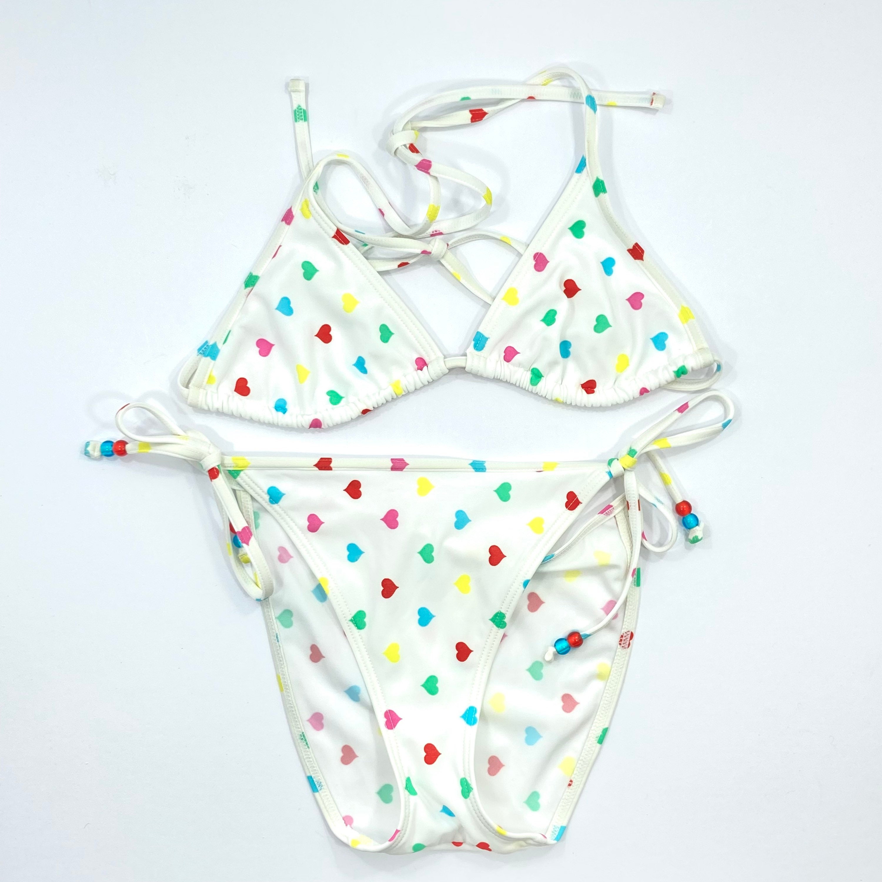 Heart Print Bikini / TopShop / White / Hearts / Multicoloured/ Tie Side / Swimsuit / Modern Vintage / Size 8