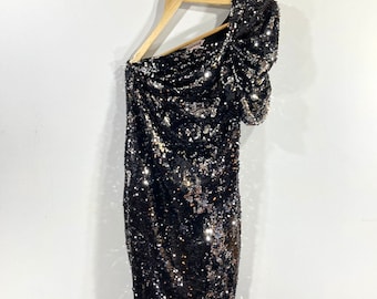 Sequinned Midi Dress / Miss Selfridge / Black / Silver / Sequins / One shoulder / Modern Vintage / Size 8 / EU 36