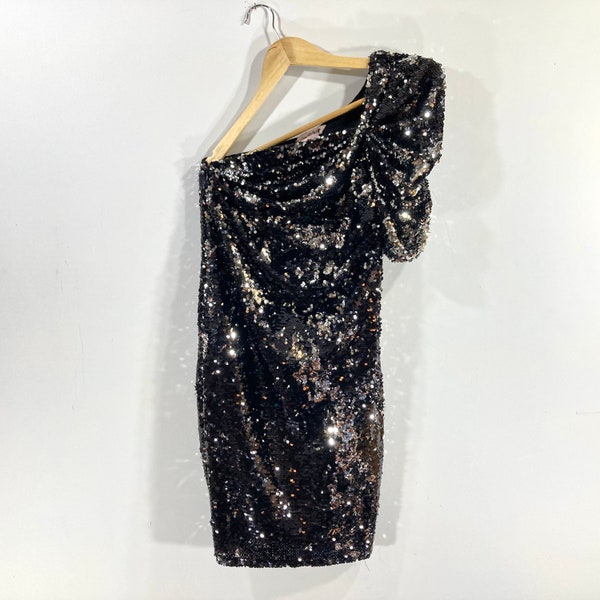 Sequinned Midi Dress / Miss Selfridge / Black / Silver / Sequins / One shoulder / Modern Vintage / Size 8 / EU 36