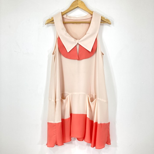 Collared Trapeze Dress / Bielle / Pink / Peach / Button Up / Collard / Modern Vintage / Size UK 14