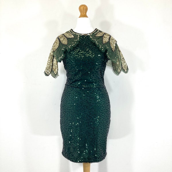 Sequinned Shoulder Dress / Unbranded / Gold / Green / Sequins / Modern Vintage / Size S