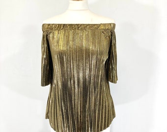 Pleated Off Shouler Top / River Island / Gold / Black / metallic / Modern Vintage  / Size 8