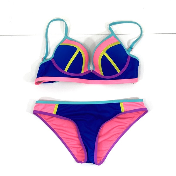 Bikini push-up multicolore / Next / Blu / Rosa / imbottito / Costume da bagno / Modern Vintage / Taglia 10