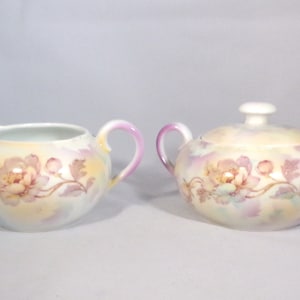 German Marked Porcelain Creamer & Sugar With Lid Registered Celebrate Pink Yellow Purple Flowers Vintage Tableware Kitchen Dining Decor