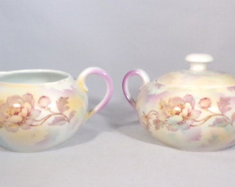 German Marked Porcelain Creamer & Sugar With Lid Registered Celebrate Pink Yellow Purple Flowers Vintage Tableware