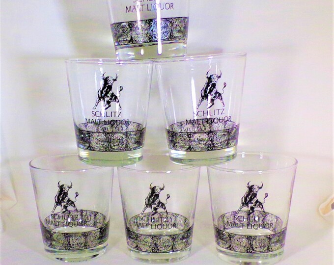 Vintage Set 6 Schlitz Malt Liquor Beer Glasses Black Bull Stencils 4